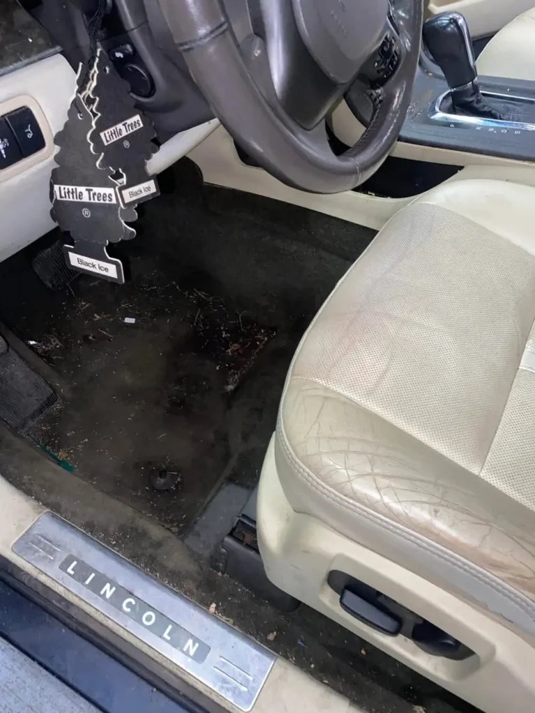 Driver footwell and seat before interior detailing, covered in dirt and debris